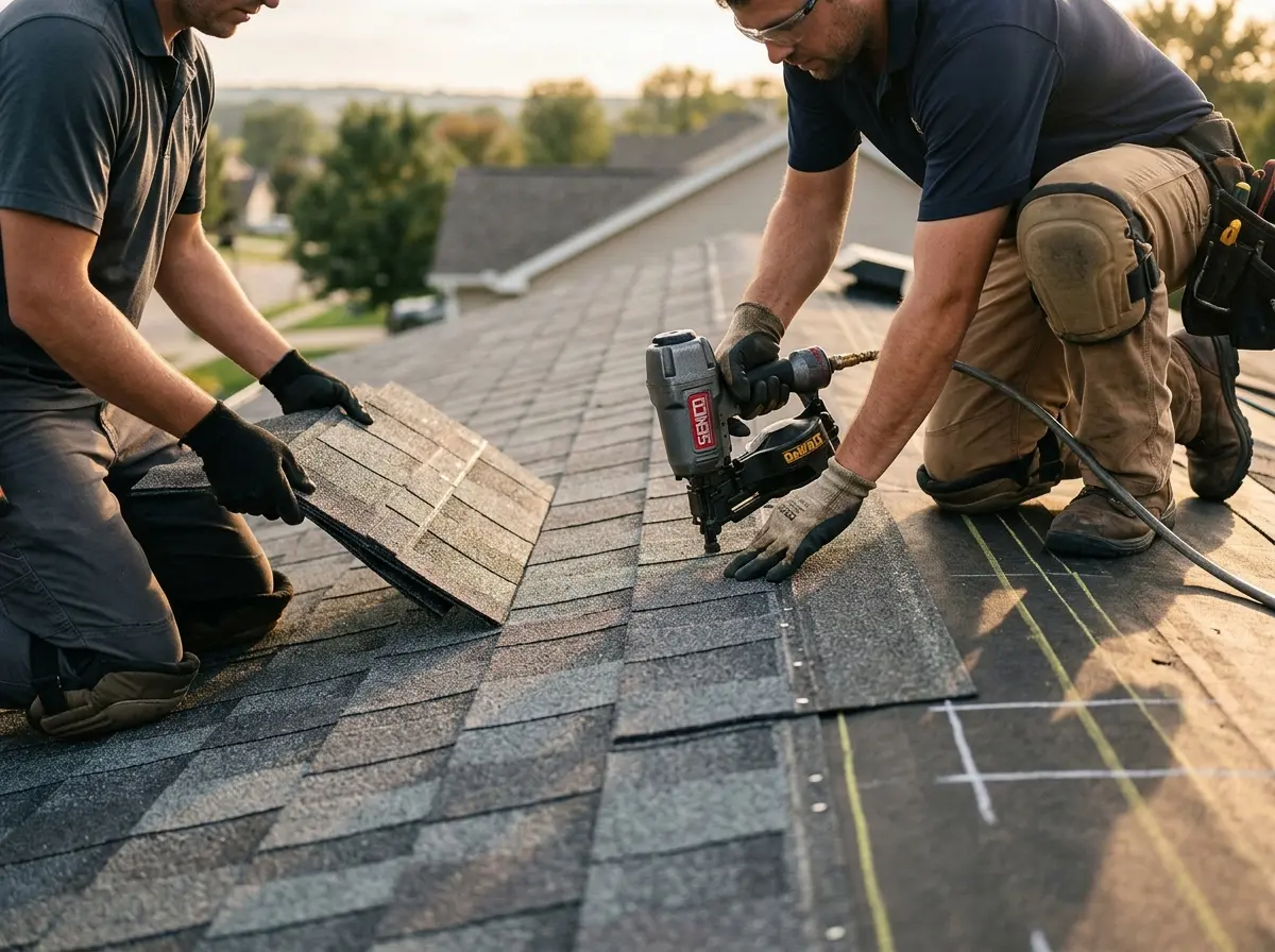 Professional roofer working on a residential roof in Derry
